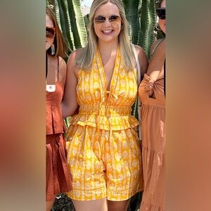 River Island Mustard Patterned Halter Jumpsuit